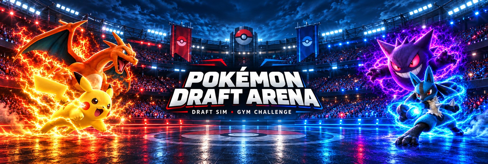 Pokémon Draft Arena artwork featuring Charizard, Pikachu, Gengar, and Lucario, with Draft Sim and Gym Challenge.